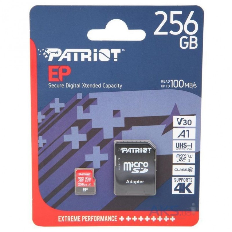 Карта пам'яті PATRIOT 256 GB microSDXC UHS-I U3 V30 A1 EP+SD адаптер PEF256GEP31MCX