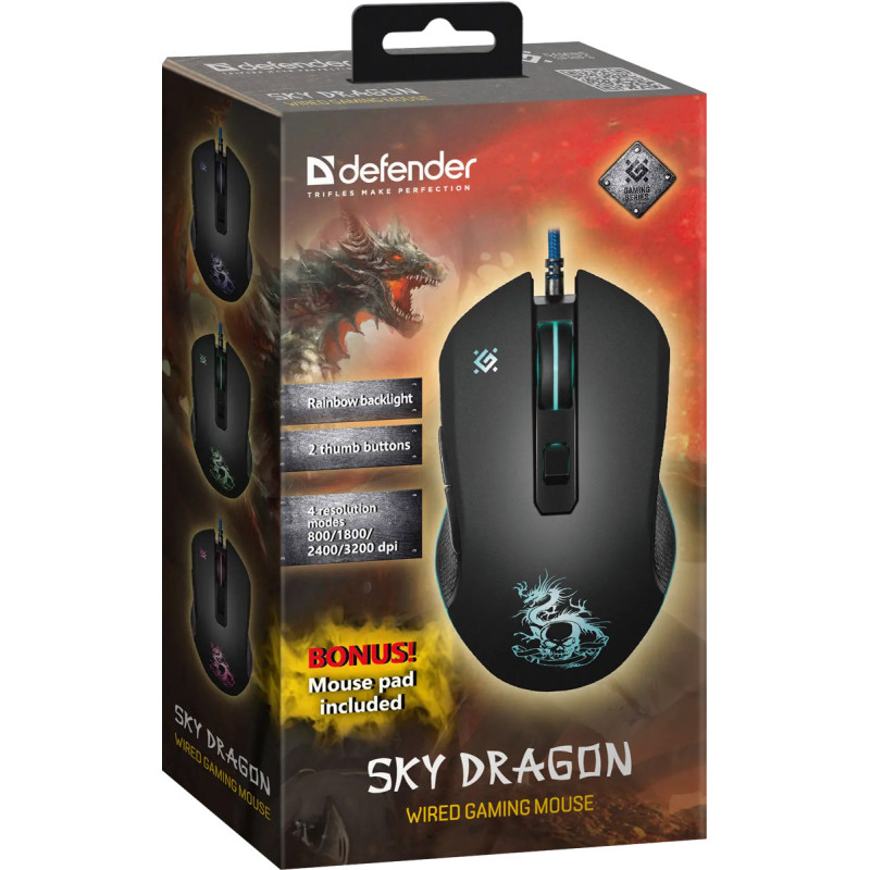 Мишка Defender Sky Dragon GM-090L, 6кн., 3200dpi, (+килимок) підсвітка