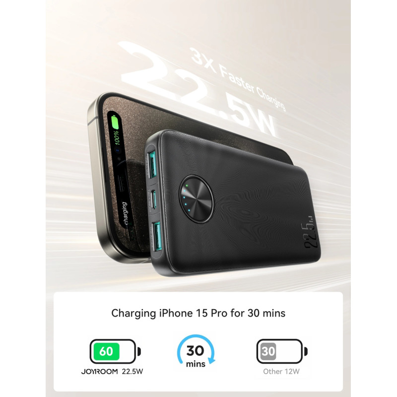 УМБ Joyroom JR-PBF15 10000mAh 22,5W PD,QC, 2xUSB-A, USB-C In/Out Black