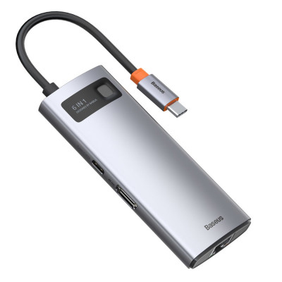 Док-станція USB3.1 Type-C -->USB Type C PD 100W/HDMI 4K 30Hz/3*USB3.2 Gen1/RJ45, 6in1 Grey Baseus