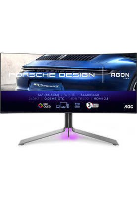 TFT 34" AOC PD34, QD-OLED, WQHD, 240Гц, 0,03мс, вигн., 2хHDMI, DP, USB-C, USB-hub, HAS, кол., чорний