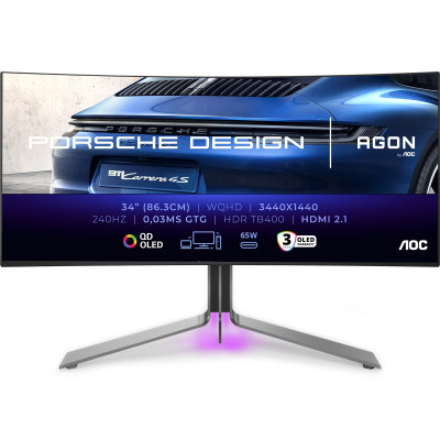 TFT 34" AOC PD34, QD-OLED, WQHD, 240Гц, 0,03мс, вигн., 2хHDMI, DP, USB-C, USB-hub, HAS, кол., чорний