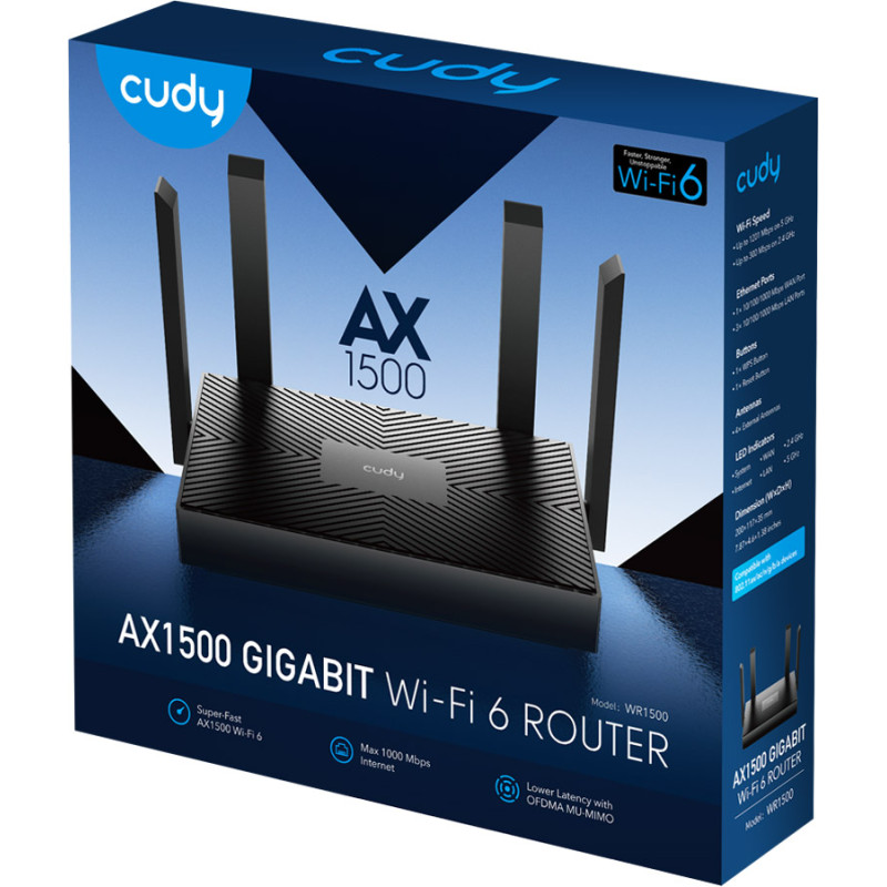 Маршрутизатор Cudy WR1500, AX1500 Gigabit Wi-Fi 6, 2.4GHz, 4x10/100/1000Mbps, WPA3, 4x5dBi fixed ant