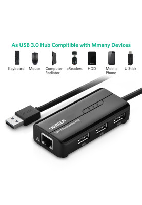 Хаб USB 3.0 Type A -> 3xUSB 2.0 + RJ45 1000M Ethernet Чорний UGREEN