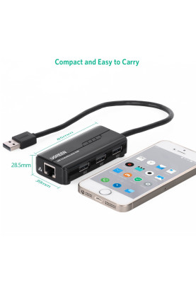 Хаб USB 3.0 Type A -> 3xUSB 2.0 + RJ45 1000M Ethernet Чорний UGREEN
