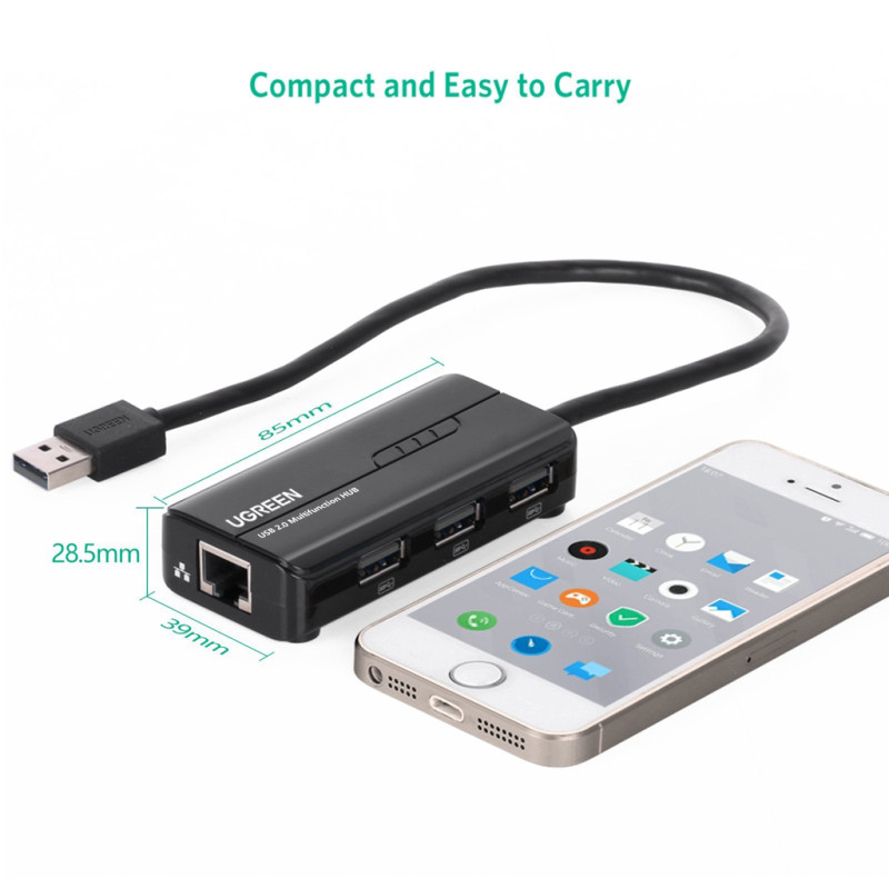 Хаб USB 3.0 Type A -> 3xUSB 2.0 + RJ45 1000M Ethernet Чорний UGREEN