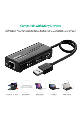 Хаб USB 3.0 Type A -> 3xUSB 2.0 + RJ45 1000M Ethernet Чорний UGREEN
