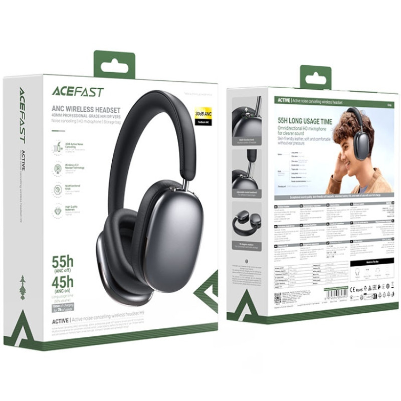 Гарнітура Acefast H9 ANC, Bluetooth, Grey