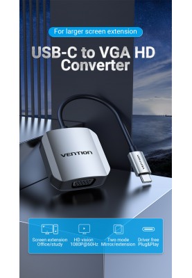 Перехідник USB3.1 Type-C --> VGA (F), 1080p 60Hz, кабель 0.15м, Vention