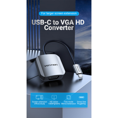 Перехідник USB3.1 Type-C --> VGA (F), 1080p 60Hz, кабель 0.15м, Vention Перехідник USB3.1 Type-C --> VGA (F), 1080p 60Hz, кабель 0.15м, Vention