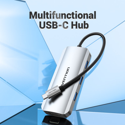 Док-станція USB3.1 Type-C --> HDMI/VGA/USB 3.0x3/PD 100W Hub 6-in-1 Vention