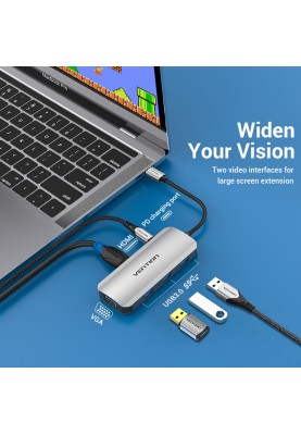 Док-станція USB3.1 Type-C --> HDMI/VGA/USB 3.0x3/PD 100W Hub 6-in-1 Vention