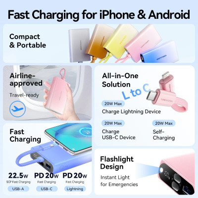 УМБ Vention 10000 mAh 22,5W PD, USB-A, USB-C In/Out, Lightning In/Out, Gray