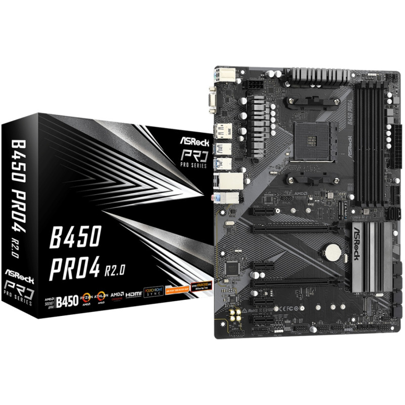 ASRock B450 PRO4 R2.0 (AM4/B450, 4*DDR4, PCIex16, DP, HDMI, VGA, 6xSATA, M.2,GLan, 8ch, ATX)