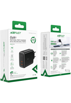 Зарядний пристрій 2xUSB 50W (USB-C+USB-C) Gan A29 Fast Charger Black Acefast