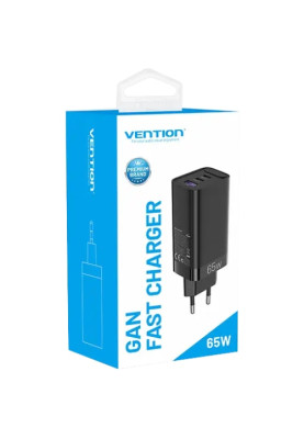 Зарядний пристрій 3xUSB 65W (2xUSB-C+USB-A) PD3.0+QC4.0 чорний Vention