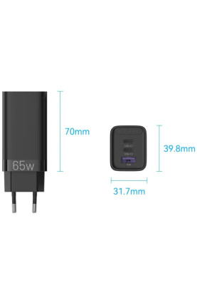 Зарядний пристрій 3xUSB 65W (2xUSB-C+USB-A) PD3.0+QC4.0 чорний Vention