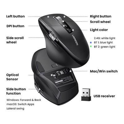 Мишка UGREEN 2.4GHz&BT M751 Ergonomic Contoured-Shape, бездротова, 5000dpi., 5кн., Чорна