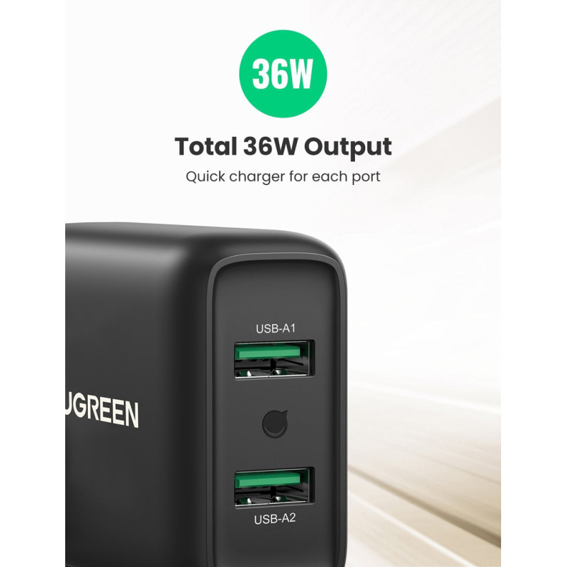 Зарядний пристрій 2xUSB 36W (USB A QC 3.0) Fast Charger чорний CD161 Ugreen