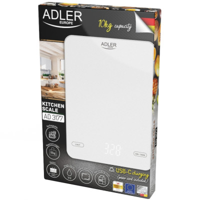 Ваги кухонні Adler AD 3177 white електронні/10кг/г; мл, унція/ USB type C/ автовимкнення/ скло