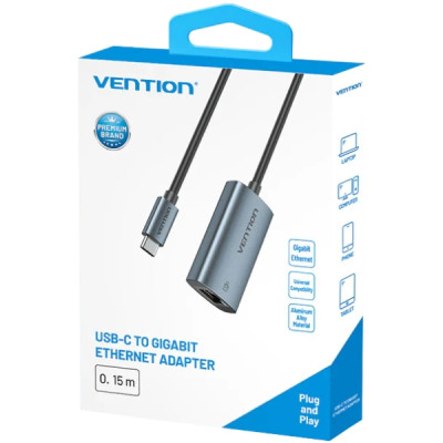 Перехідник USB 3.1 Type-C--> Ethernet RJ45 1000Mb чорний Aluminum Alloy Type Vention