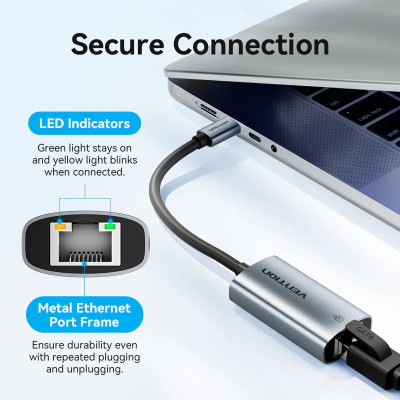 Перехідник USB 3.1 Type-C--> Ethernet RJ45 1000Mb чорний Aluminum Alloy Type Vention