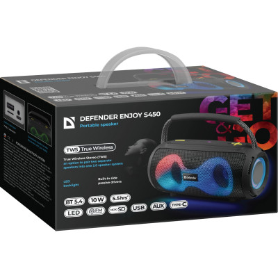 Акустична система 1.0 Defender S450, 10Вт RGB/BT/FM/USB/TF/AUX/TWS чорна Акустична система 1.0 Defender S450, 10Вт RGB/BT/FM/USB/TF/AUX/TWS чорна