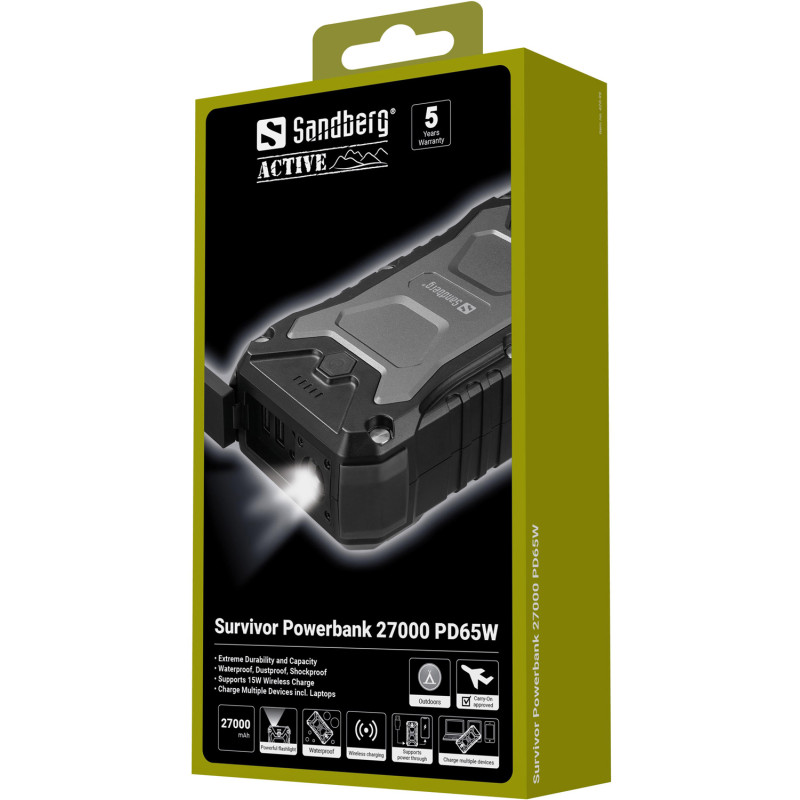 УМБ Sandberg Survivor 27000mAh PD65W, IP67,LED Torch,2xUSB-А 18W,USB-С 65W,QI-15W,наскрізне живлення