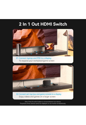 Switch HDMI 2.1 8K 60Hz 3D, HDCP HDR Dolby 7.1 перемикач двонаправлений 2 in 1 out  Vention