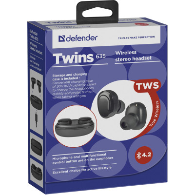 Гарнітура Defender Twins 635 TWS, Bluetooth, Black
