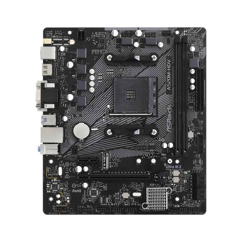 ASRock A520M-HDV/REF (AM4/A520, 2*DDR4, PCIex16, D-Sub/DVI-D/HDMI, 4xSATAІІІ, M.2, GLan, 8ch, mATX)