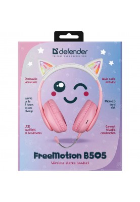 Навушники з мікрофоном Defender FreeMotion B585 Bluetooth, гнучкий мікрофон, з вушками LED, рожеві