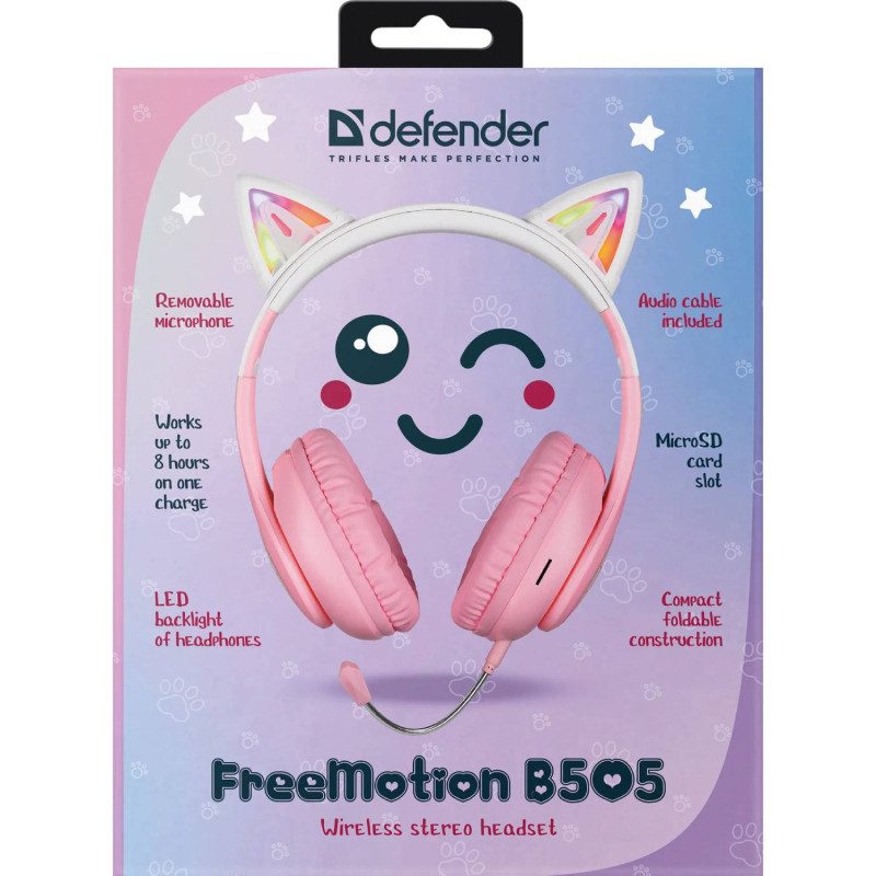 Навушники з мікрофоном Defender FreeMotion B585 Bluetooth, гнучкий мікрофон, з вушками LED, рожеві