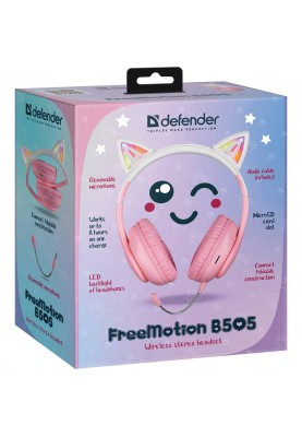 Навушники з мікрофоном Defender FreeMotion B585 Bluetooth, гнучкий мікрофон, з вушками LED, рожеві
