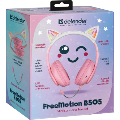 Навушники з мікрофоном Defender FreeMotion B585 Bluetooth, гнучкий мікрофон, з вушками LED, рожеві