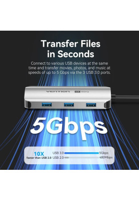 Док-станція USB3.1 Type-C --> HDMI 4K60Hz/USB 3.0x3/PD 100W 5-in-1 Vention