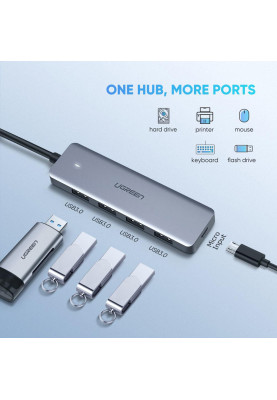 Хаб USB 3.1 Type-C -> 4xUSB 3.0 Активний, CM219 Сірий UGREEN