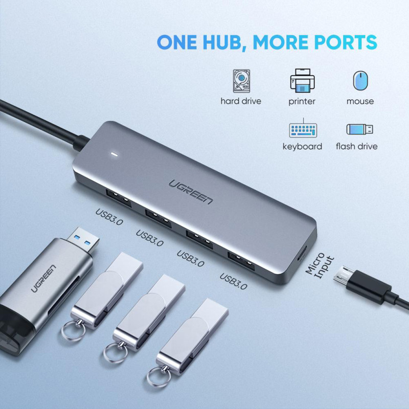 Хаб USB 3.1 Type-C -> 4xUSB 3.0 Активний, CM219 Сірий UGREEN
