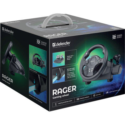 Ігрове кермо з двома педалями Defender Rager PC/PS/Xbox/Switch, чорне Ігрове кермо з двома педалями Defender Rager PC/PS/Xbox/Switch, чорне
