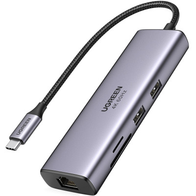 Док-станція USB3.1 Type-C --> HDMI 4K60Hz/USB 3.0x2/RJ45/SD/TF/PD 100W Ugreen CM512 Сіра