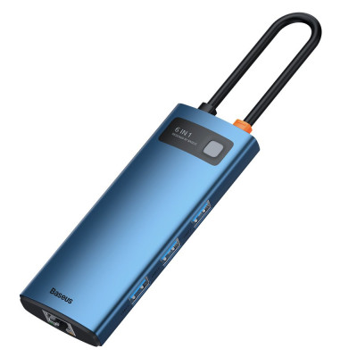 Док-станція USB3.1 Type-C -->USB Type C PD 100W/HDMI 4K 30Hz/3*USB3.2 Gen1/RJ45,  6in1 Blue Baseus