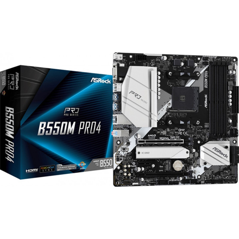 ASRock B550M Pro4 (AM4/B550, 4*DDR4, 2xPCIex16, DP/HDMI/VGA, 6xSATAІІІ, 3xM.2, GLan, 7.1ch, mATX)