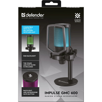 Ігровий стрім мікрофон Defender Impulse GMC 600 USB, RGB, 1.8м чорний