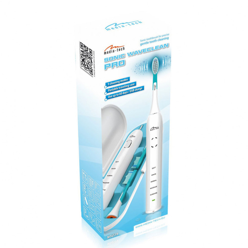 Зубна щітка електрична Media-Tech SONIC WAVECLEAN PRO для дорослих/5режимів/таймер/2дод.насадки/біла