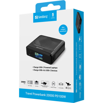 УМБ Sandberg Travel 20000mAh 100W PD,QC3.0, USB-A, USB-C In/Out, QI 15W УМБ Sandberg Travel 20000mAh 100W PD,QC3.0, USB-A, USB-C In/Out, QI 15W