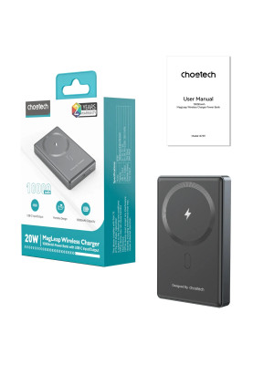 УМБ Choetech Magnetic Wireless 10000mAh 20W PD Qi-15W USB-C In/Out, Ultra-thin Black