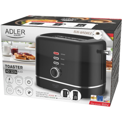 Тостер Adler AD 3224 black 850Вт/ 2 відділення/7 режимів підсмажування/розморожування/підігрів булок