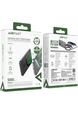 УМБ Acefast Magnetic Wireless 5000mAh 18W PD,QC 3.0,7,5 Вт, ultra thin, QI M8 Black