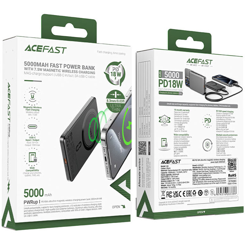 УМБ Acefast Magnetic Wireless 5000mAh 18W PD,QC 3.0,7,5 Вт, ultra thin, QI M8 Black
