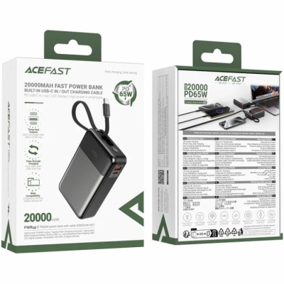 УМБ Acefast 20000mAh 65W PD,QC3.0 USB-A+USB-C In/Out,build-in cable M21 Black-Gray
